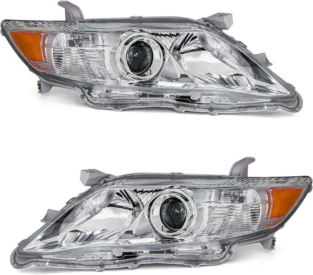 Compatible with 2010 2011 Toyota Camry Headlights Chrome Housing Amber Reflector Clear Lens Driver and Passenger Side
