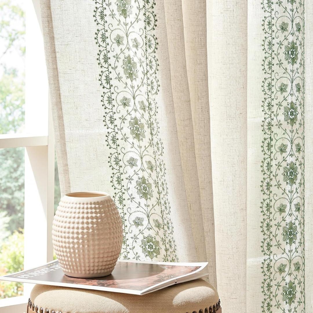 jinchan Weslie Boho Curtains for Bedroom Sage Green Vintage Floral Farmhouse Curtains 84 Inches Long Linen Drapes for Living Room Embroidered Light Filtering Drapes Sage on Beige 2 Panels