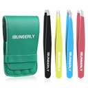 iBuneerly Eyebrows Tweezers Set, 4Pcs Stainless Steel Tweezers for Women with Travel Case, Great Precision for Ingrown Hair, Facial Hair and Splinter Removal