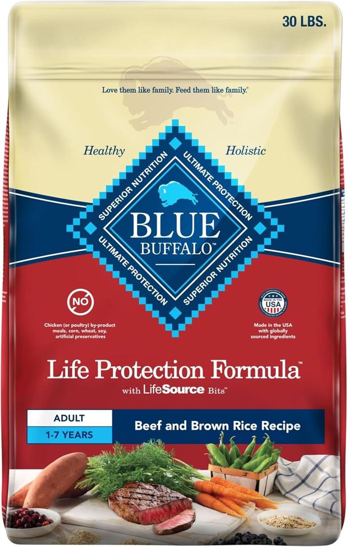 Blue Buffalo Life Protection Formula Adult Dry Dog Food, Helps Build and Maintain Strong Muscles, Made with Natural Ingredients, Beef & Brown Rice Recipe, 30-lb Bag (30 Pound (Pack of 1)), Best By: 07/28/2026