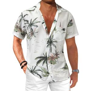 Comdecevis Men's Hawaiian Floral Shirts Short Sleeve Button Down Tropical Summer Beach Shirts (X-Large, Coconut Tree White)