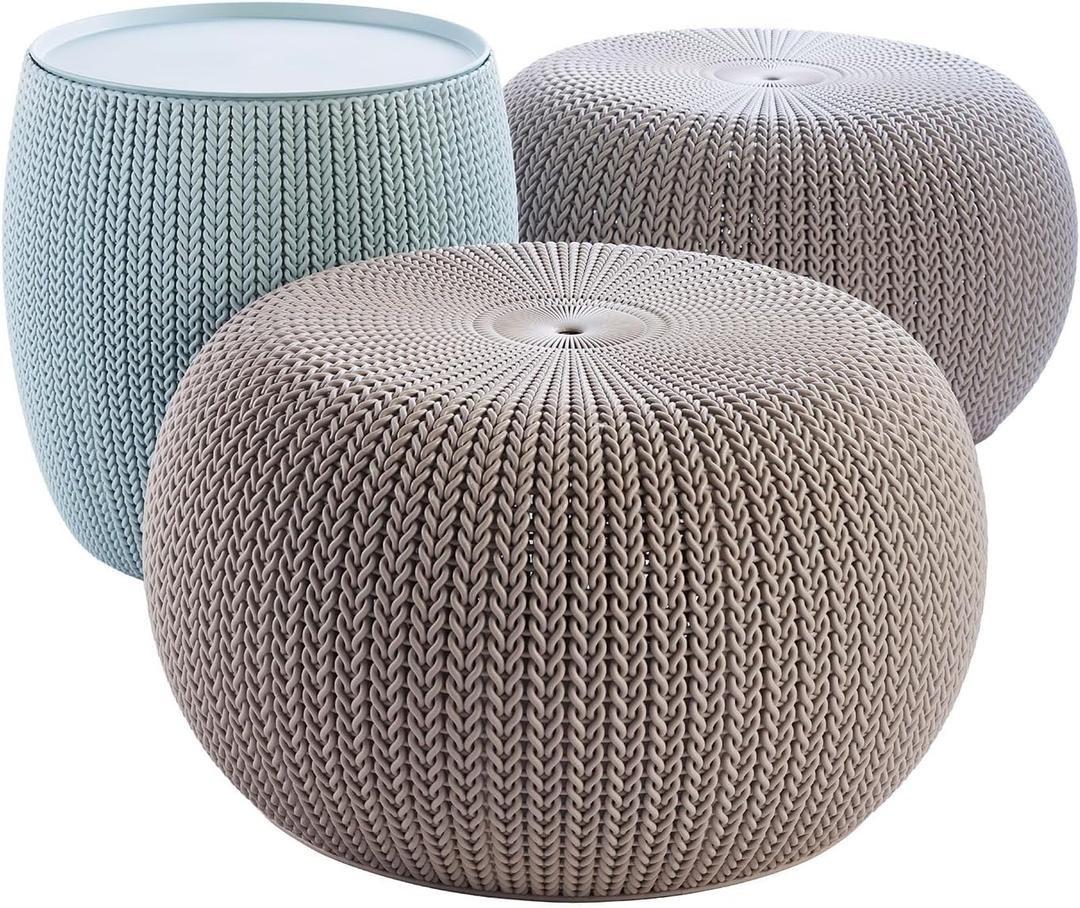 Keter Urban Knit Pouf Ottoman Set of 2 with Storage Table for Patio and Room Dcor - Perfect for Balcony, Deck, and Outdoor Seating, Misty Blue & Taupe, Medium