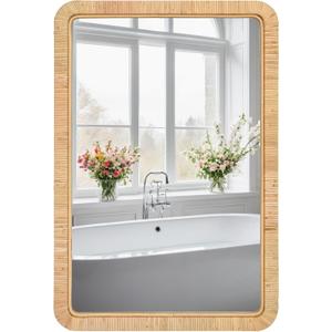 FUIN 24"x36" Rattan Wall Mirror, Natural Wicker Rectangle Bathroom Vanity Mirror, Hanging Boho Decorative Mirror for Farmhouse, Entryway, Bedroom, Living Room, Horizontal Vertical Mount