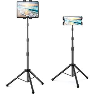 Raking Tablet Floor Stand, Height Adjustable Cellphone Floor Stand with 360Rotating Tripod Mount, Compatible with iPhone iPad mini/Air/Pro and All 5.5-12.9 Inch Devices