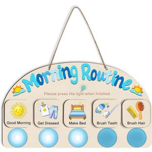 Morning Routine Chart for Toddlers, Visual Schedule Chore Chart Night to Do List with 5 Tap Lights & 9 Activity Cards Planning, Wooden Schedule Board for Kids, Preschoolers, Autism, ADHD Tools (Blue)