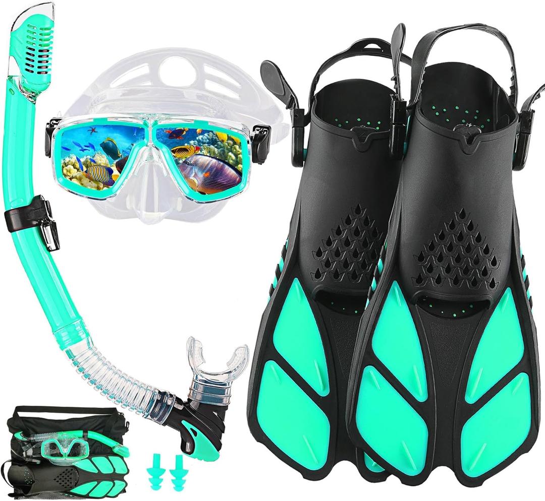 Snorkeling Gear for Adults with Fins Scuba Diving Gear Adult Professional Travel Snorkel Sets with Flippers,Anti-Fog Anti-Leak Diving Mask (US Men 4-8.5 | US Lady 6-9.5, Aqua)