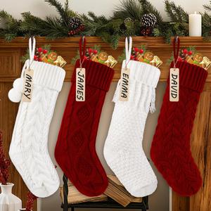 Celltestria 4pcs 18Inches Knitted Christmas Stockings Decoration, Cream White Burgundy Large Cable Xmas Hanging Stocking Personalized Knit Stocking's with Name Tags for Family Home Farmhouse Decor