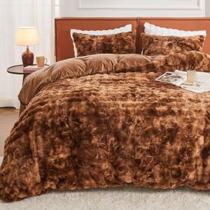 EMME Faux Fur Duvet Cover King Size, 3 Pieces Ultra Soft Fluffy Comforter Cover, Cozy Warm for Winter, Luxury Elegant Shaggy Bubble Design Bedding, 1 Duvet Cover & 2 Pillow Shams (King, Tie Dye Brown)