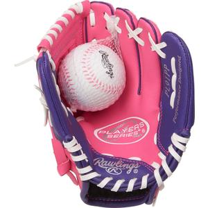 Rawlings | PLAYERS Series T-Ball & Youth Baseball Glove | Right Hand Throw | 9" | Pink/ Purple with Ball