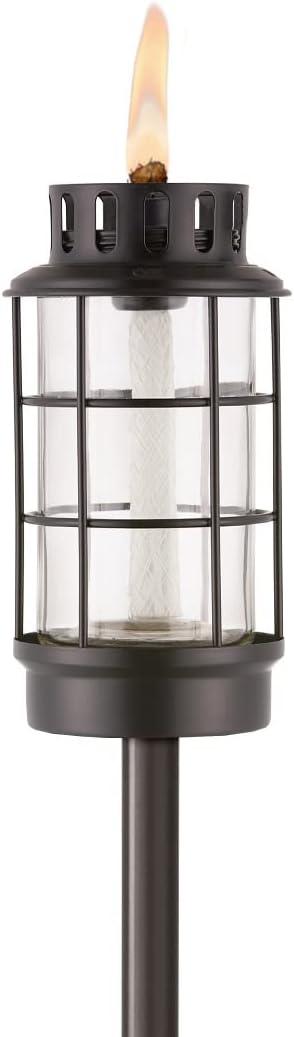 TIKI Outdoor Glass Lantern Torch Weather-Resistant Decorative Torch for Patio, Garden & Backyard with 4-Piece Adjustable Height Pole, Fiberglass Wick & Snuffer, Black