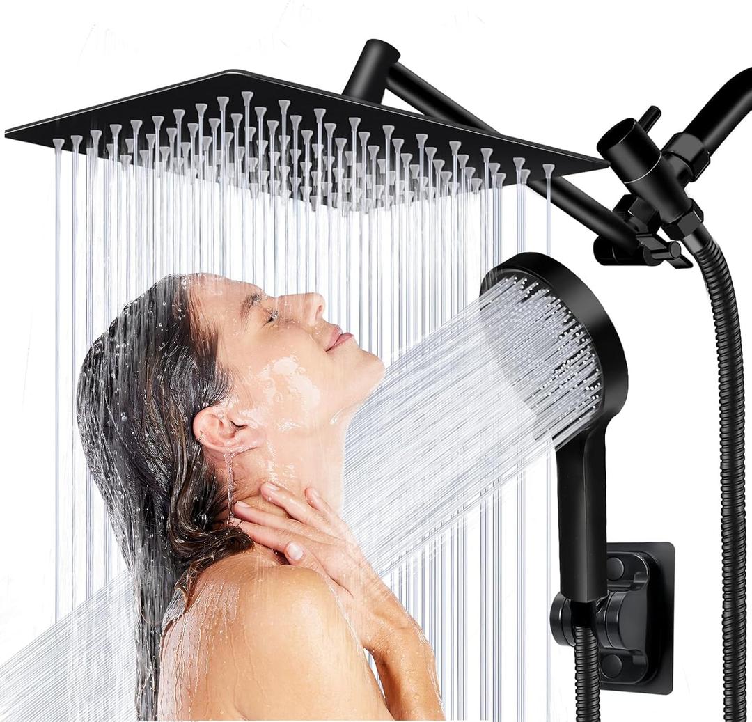 Shower Head, 10”Rain Shower Head with Handheld Spray Combo with 11'' Angle Adjustable Extension Arm/ Flow Regulator/ Shower System, High Pressure Rainfall Shower Head Clean Bathroom, Matt Black