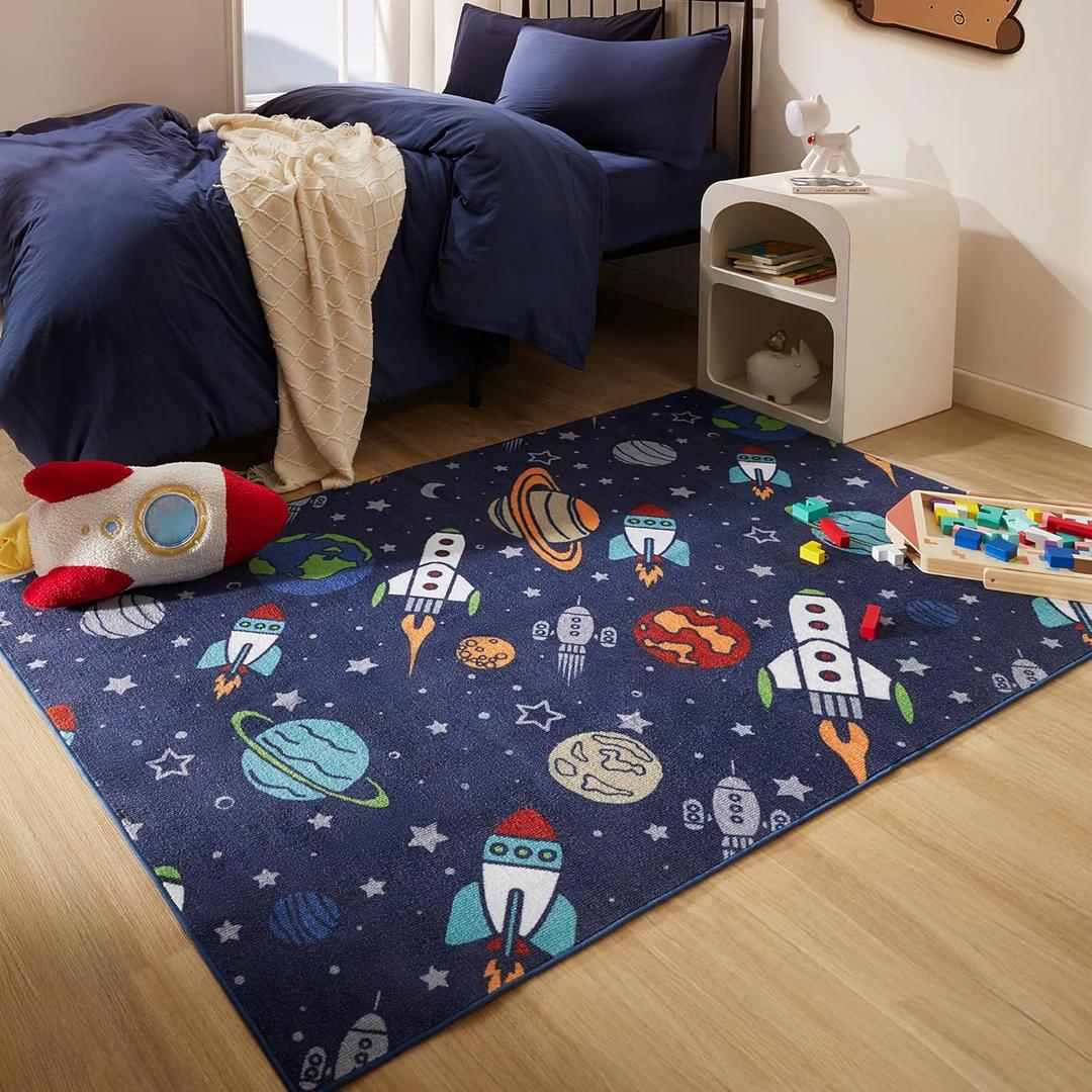 SLEEP ZONE Kids Rugs for Playroom, Area Rugs for Boys Bedroom, Washable Nursery Carpet, Non Slip Rug Play Mat, Space Rocket Planet, 4X6 Feet