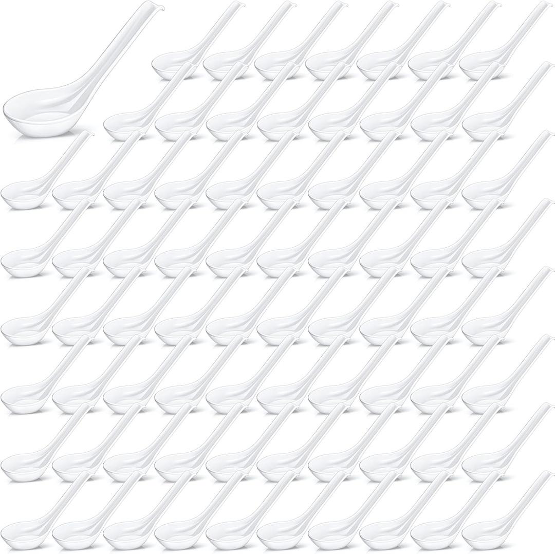 Hushee 100 Pcs Asian Soup Spoon Large Chinese Noodle Ramen Reusable Japanese Wonton Rice Dumpling Pho Spoon Bulk with Hook for Home Restaurant Kitchen(Simple)