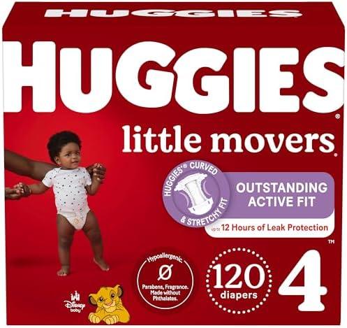 Huggies Size 4 Diapers, Little Movers Baby Diapers, Size 4 (22-37 lbs), 120 Count, Packaging May Vary
