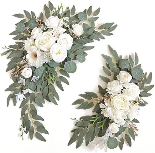 Piklado Faux Arch Flower Swag Set of 2 for Wedding Welcome Signs Floral Swag Wedding Reception Ceremony Signs Decor (White)