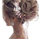 Unicra Flower Bride Wedding Hair Vine Pearl Bridal Hair Piece Leaf Hair Accessories Rhinestone Headband for Women and Girls (Rose Gold)
