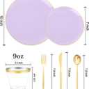 bUCLA 150PCS Purple Plastic Plates - Light Purple and Gold Disposable - Include 25 Each (Dinner & Dessert) lavender Plates, 25 Knives, 25 Forks, 25 Spoons & 25 Cups for Party, Birthday & Wedding