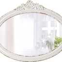 Rustic Oval Mirrors for Wall 18 X 24 Inch, Hanging Distressed White Oval Mirror Bathroom, Wooden Framed Farmhouse Mirrors for Wall Decor, Vintage Mirror with Carved Flower for Entryway