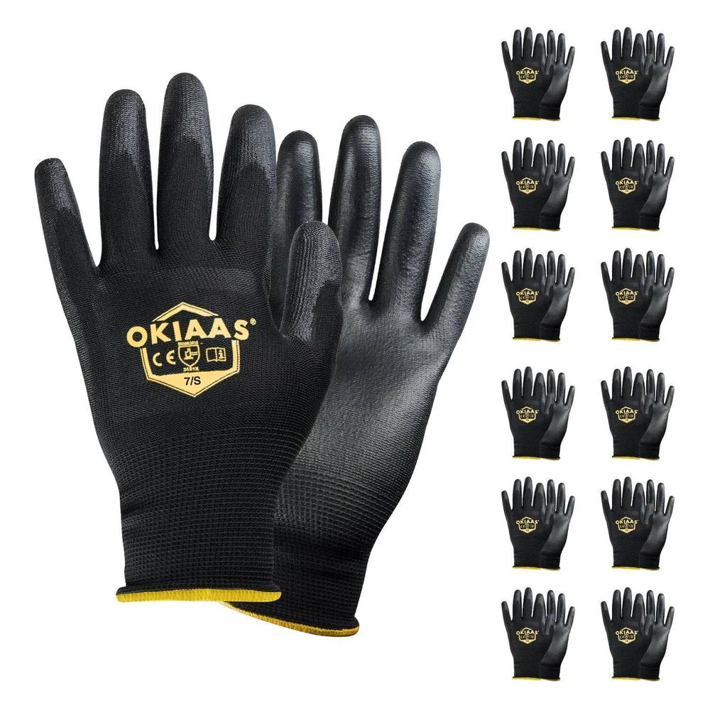 OKIAAS Work Gloves for Men, Ultra Thin and Lightweight Working Gloves with Grip, 12 Pairs Bulk Pack Construction Gloves with Polyurethane Coating, Safety Gloves for Light Duty Work (Black, Small)