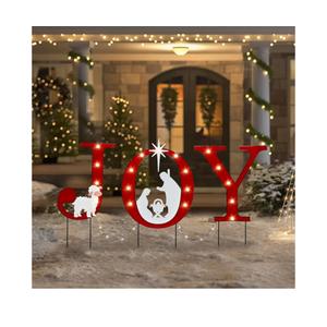 Christmas Yard Sign Decorations Outdoor with LED Lights Christmas Red JOY Yard Signs with Metal Stakes for Xmas Holiday Party Lawn Sign Garden Decor Xmas Outdoor Yard Signs