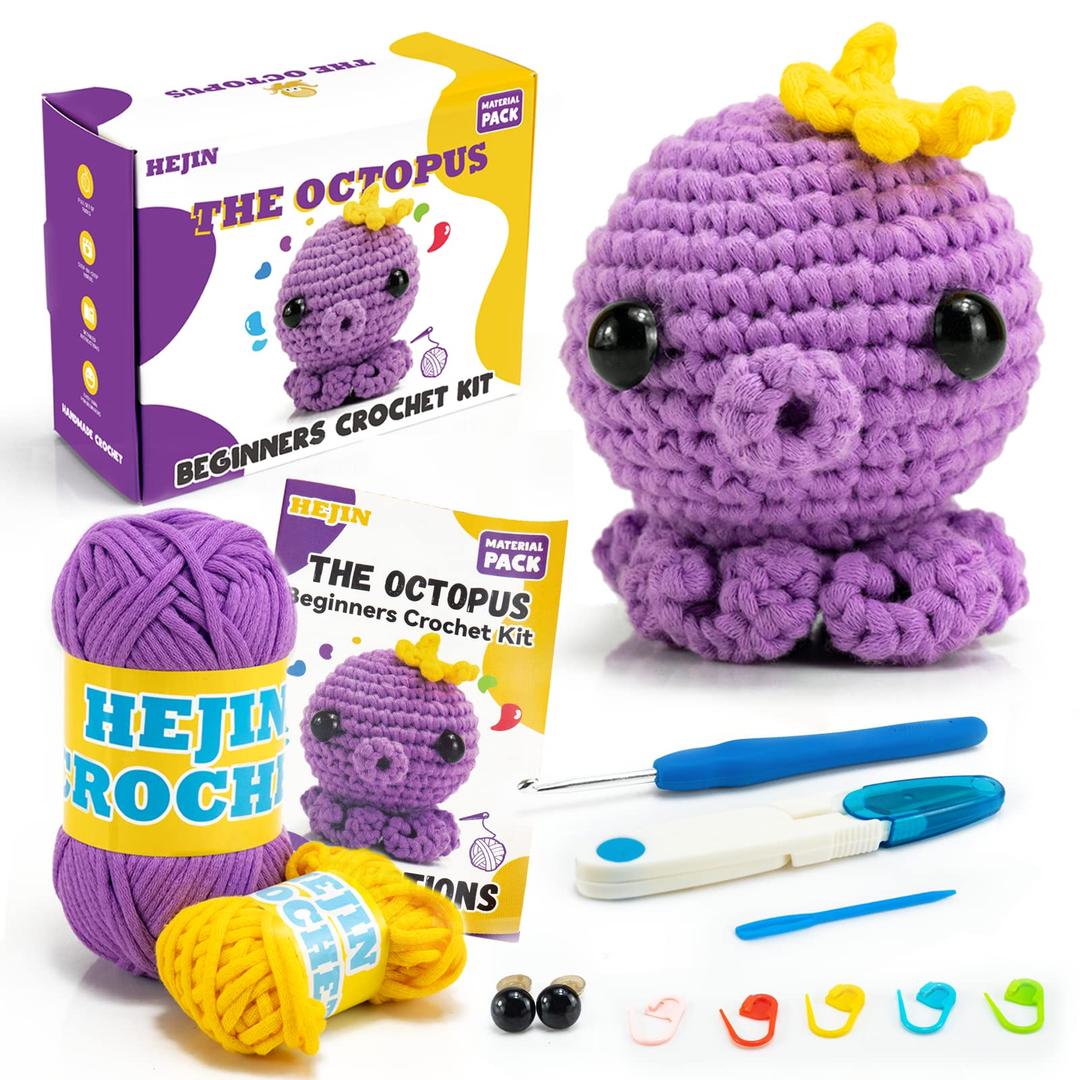 HEJIN Crochet Kit for Beginners, Beginner Crochet Kit for Adults Kids, Octopus Crochet Animal Kit Include Videos Tutorials, Yarn, Eyes, Stuffing, Crochet Hook Boys and Girls Birthdays Gift