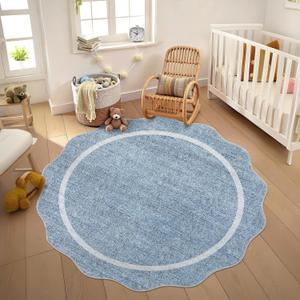 GarveeHome Scalloped Round Washable Rug, Soft Modern Round Rugs 5ft Circle Carpets for Bedroom Ultra-Thin, Boho Blue Print Distressed Circular Carpet for Living Room Dorm Bedside, Blue