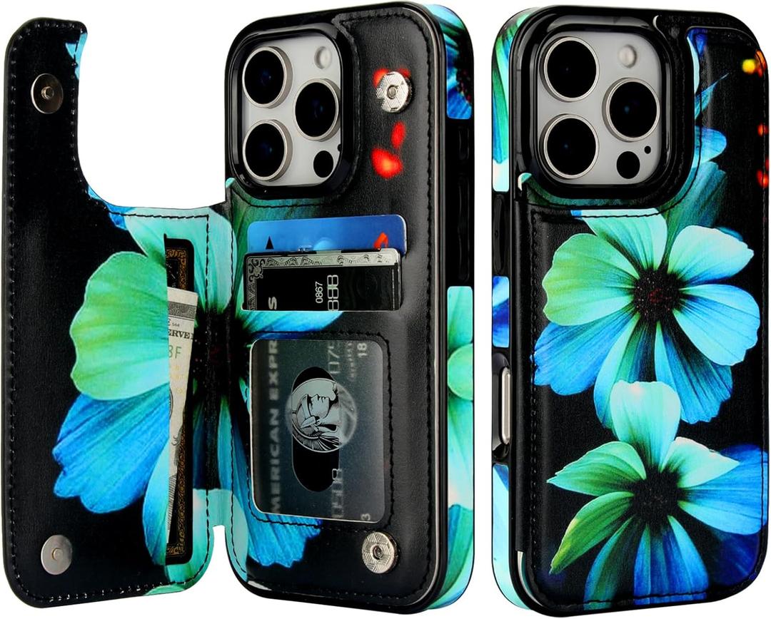 HAOPINSH for iPhone 16 Pro Wallet Case with Card Holder, Blue Florals Pattern Back Flip Folio PU Leather Kickstand Card Slots Case for Women Girls, Double Magnetic Clasp Shockproof Cover 6.3"