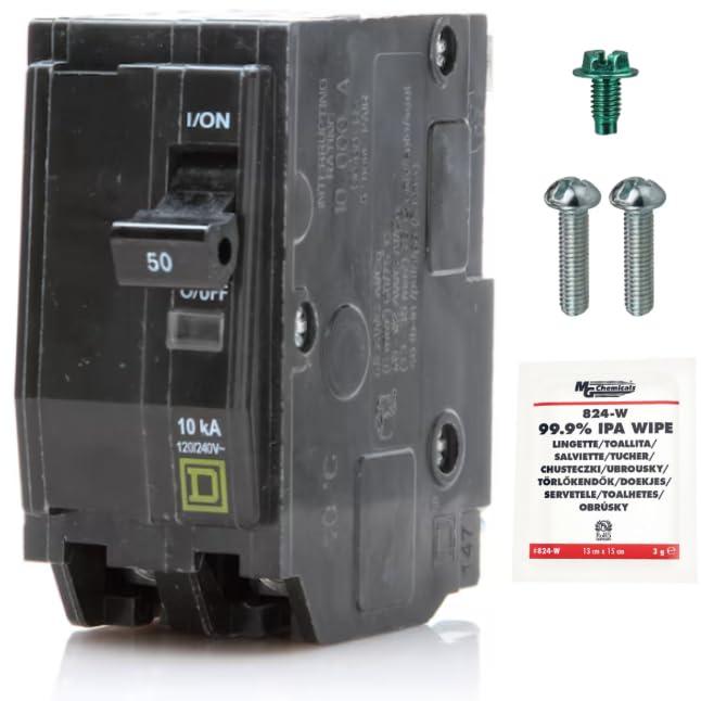 Genuine Square D QO250 Circuit Breaker Kit, 50 Amp (50A) Double Pole (2 Pole), 120/240V AC, 10kAIC, Plug-in Mount for QO Load Centers & Panels, Visi-Trip Indicator, New Replacement