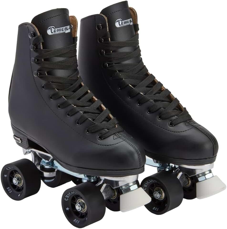 Chicago Quad Roller Skates for Women & Men – Durable, Top Performance Indoor/Outdoor Use or Roller Derby - Classic Deluxe Leather High-Top Boots with 60mm Urethane Wheels & Semi-Precision Bearings, W 7/M6 (Black)