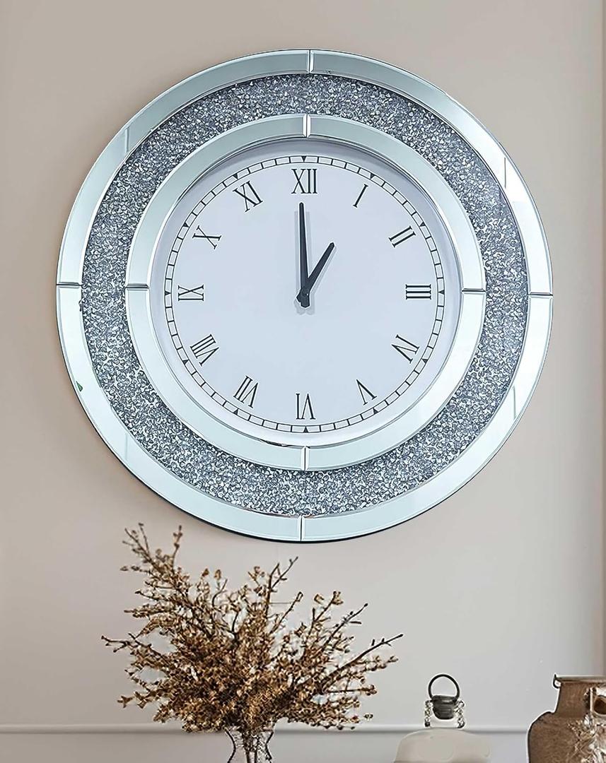 Crushed Diamond Wall Clock Round Decorative Mirrored Clock 32 inch Silver, Diameter - 80cm