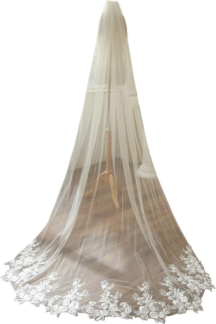 Chapel Length Sequin Lace Floral Wedding Bridal Veil with Comb (Chapel Length: 98.4inch(250cm), White)