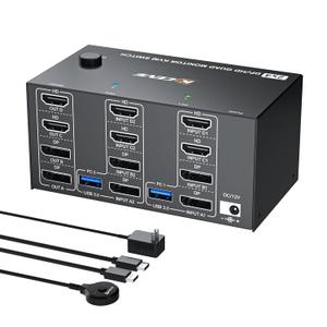 Quad Monitor KVM Switch 4 Monitors 2 Computers 4K120Hz/8K@30Hz,USB 3.0 KVM Switch Quad Monitor for 2 PC Share 4 Monitors and Keyboard and Mouse,with Wired Remote and USB Cables,Input 2 HD+2 DP Port (Black, Black)