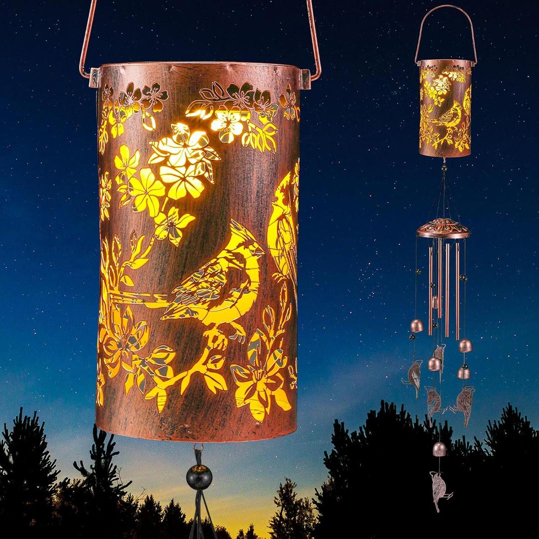Retisee Cardinal Solar Wind Chimes Outdoor Metal Red Bird Gifts Solar Light Windchimes Outside Indoors Christmas Decoration Birthday Gift for Home Lawn Porch Patio Garden Yard