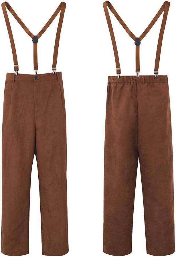 Men's Pioneer Colonial Pants Medieval Peasant Bottoms Halloween Cosplay Trousers With Braces (Large, Brown)