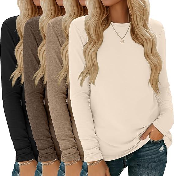 4 Pack Women' Long Sleeve Shirts Tops Casual Loose Fit Crew Neck Basic Tee Fashionable Workout Layer Fall Outfit, Size Medium