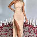 Memoriesea Women's Sexy One Shoulder High Split Cocktail Wedding Party Maxi Dress (Beige), Large