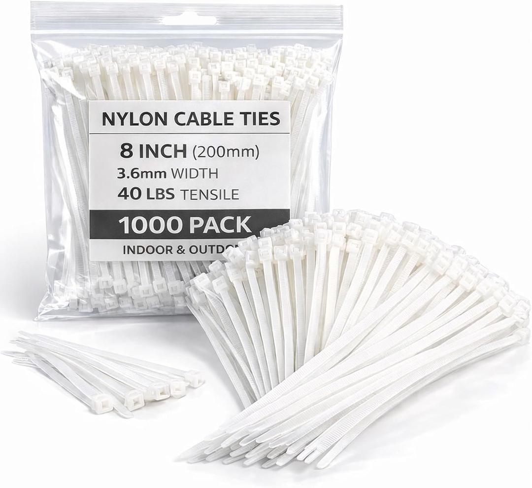 White Zip Ties 8 Inch 1000 Pack, 40 lbs Nylon Cable Ties, Self Locking UV Resistant Wire Ties for Wreath Crafts, DIY, Decor, Indoor Outdoor, Home and Garden