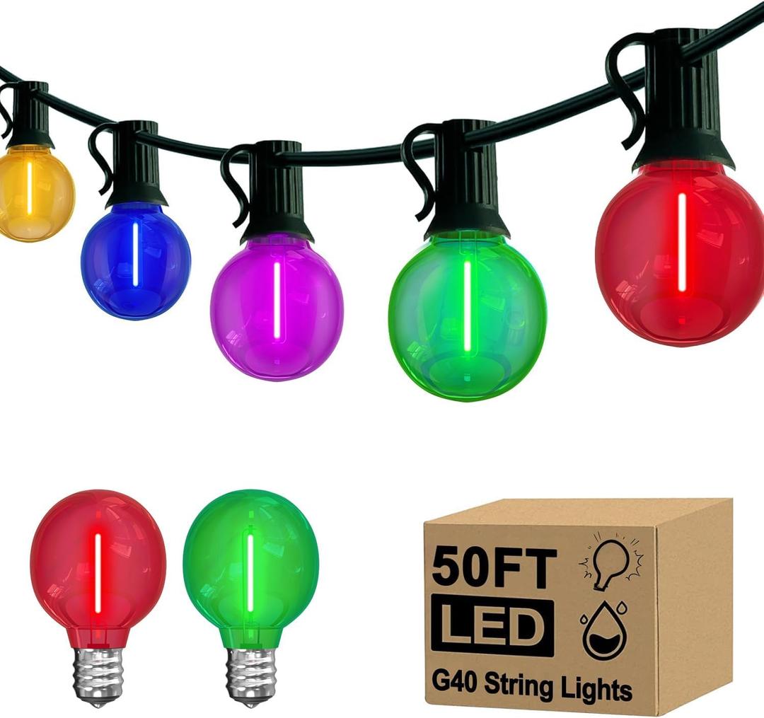 G40 LED Christmas String Lights, 50FT Christmas G40 String Lights with 27 Shatterproof G40 LED Clear Multicolor Bulbs, Outdoor Decoration Lights for Patio Backyard Roofline Garden Yard (50Feet)
