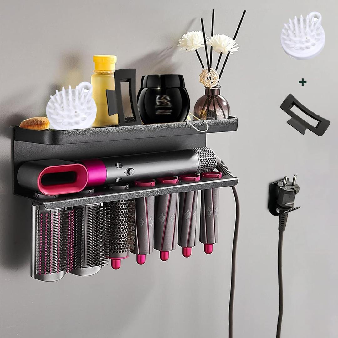 Airwrap Storage Holder Compatible with Dyson Airwrap Curling Iron Wall Mounted Storage Rack Holder for Home Organizer (with Comb and Hair Clip) (Black)