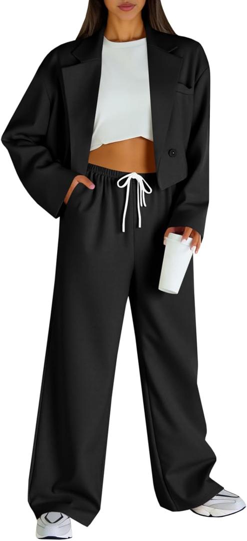Fisoew Women's 2 Piece Outfits Casual Crop Blazer Jackets Loose Wide Leg Pants Fall Dressy Business Work Suit Sets (Black)
