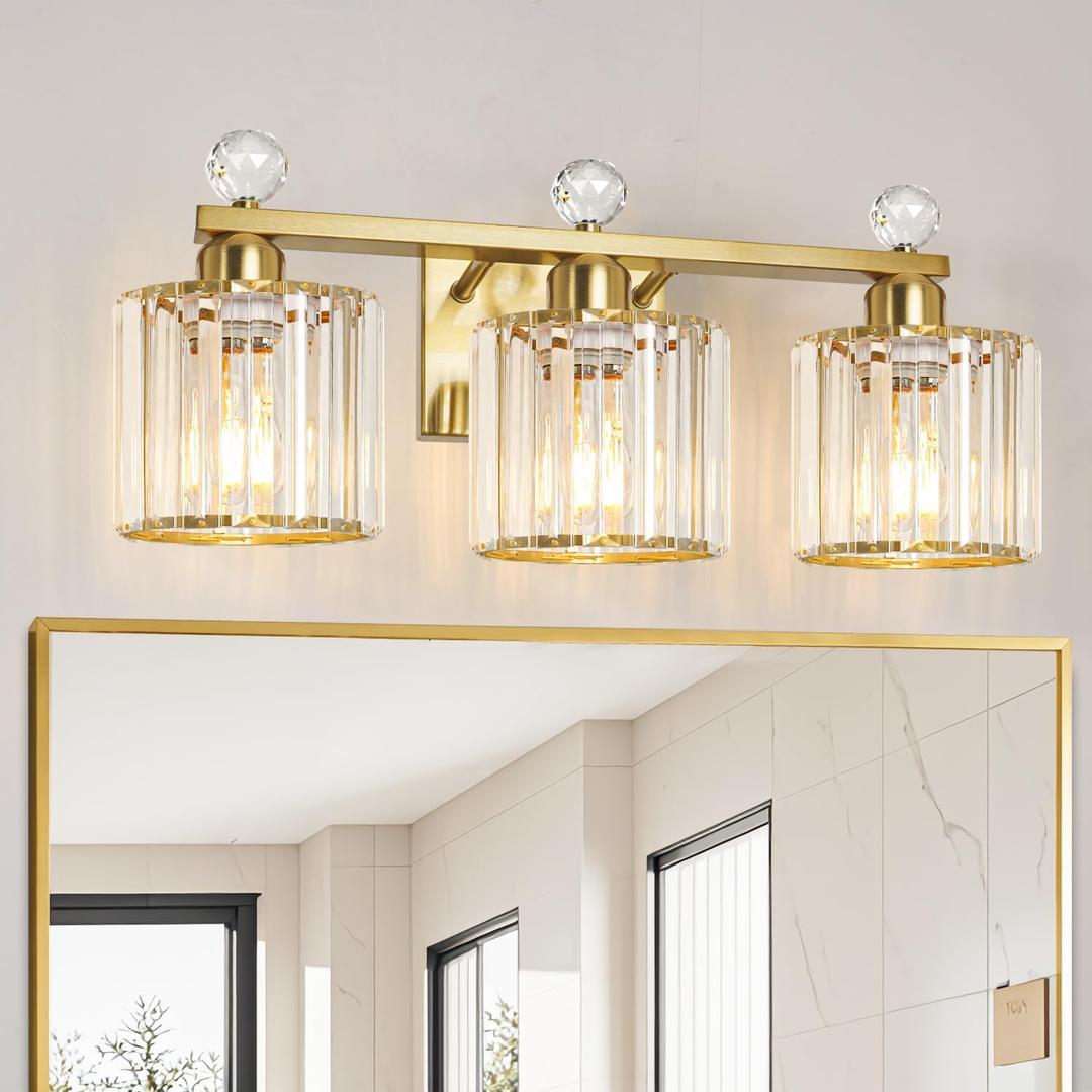 Modern Crystal Bathroom Vanity Light, Gold Bathroom Lighting Fixture, Crystal Brass Vanity Light Fixture Over Mirror, Bath Wall Mounted Lighting for Bedroom, Living Room (3 light-Round)