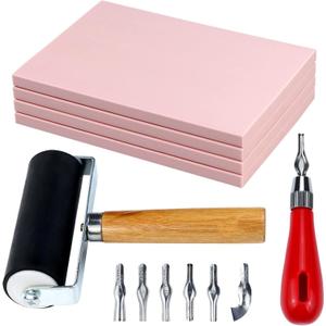 Linocut Kit for Printmaking & Stamp Carving - 4Pcs 4"x6" Soft Rubber Linoleum Blocks with Brayer Roller & Carving Tools | Beginner & Artist Block Printing Craft Supplies