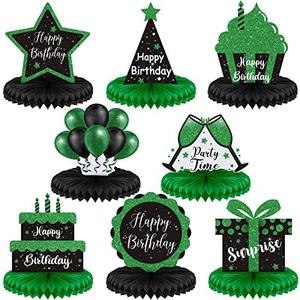 Yexiya 8 Pcs Black and Green Birthday Centerpiece Table Decoration, Happy Birthday Honeycomb Centerpieces Honeycomb Table Toppers for Men Women Party Supplies