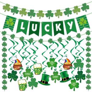 33PCS St Patricks Day Decorations Pre-Assembled St. Patrick's Day Lucky Banner Shamrock Garlands Hanging Swirls Clover Irish Decor Saint Patrick Day Party Favor