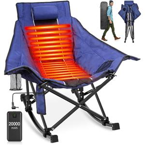 Suteck Heated Rocking Camping Chair, XL Oversized Rocking Chair Outdoor with 3 Heat Levels for Back and Seat, Heated Chairs Outdoor Sports W/20,000mAh Power Bank for Patio Lawn Picnic Travel