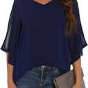 GUANYY Women Summer Casual V-Neck 3/4 Sleeve Chiffon Blouses Loose Tunic Long Flowy Sheer Dressy Tops Navy Blue Medium (Blue, M)