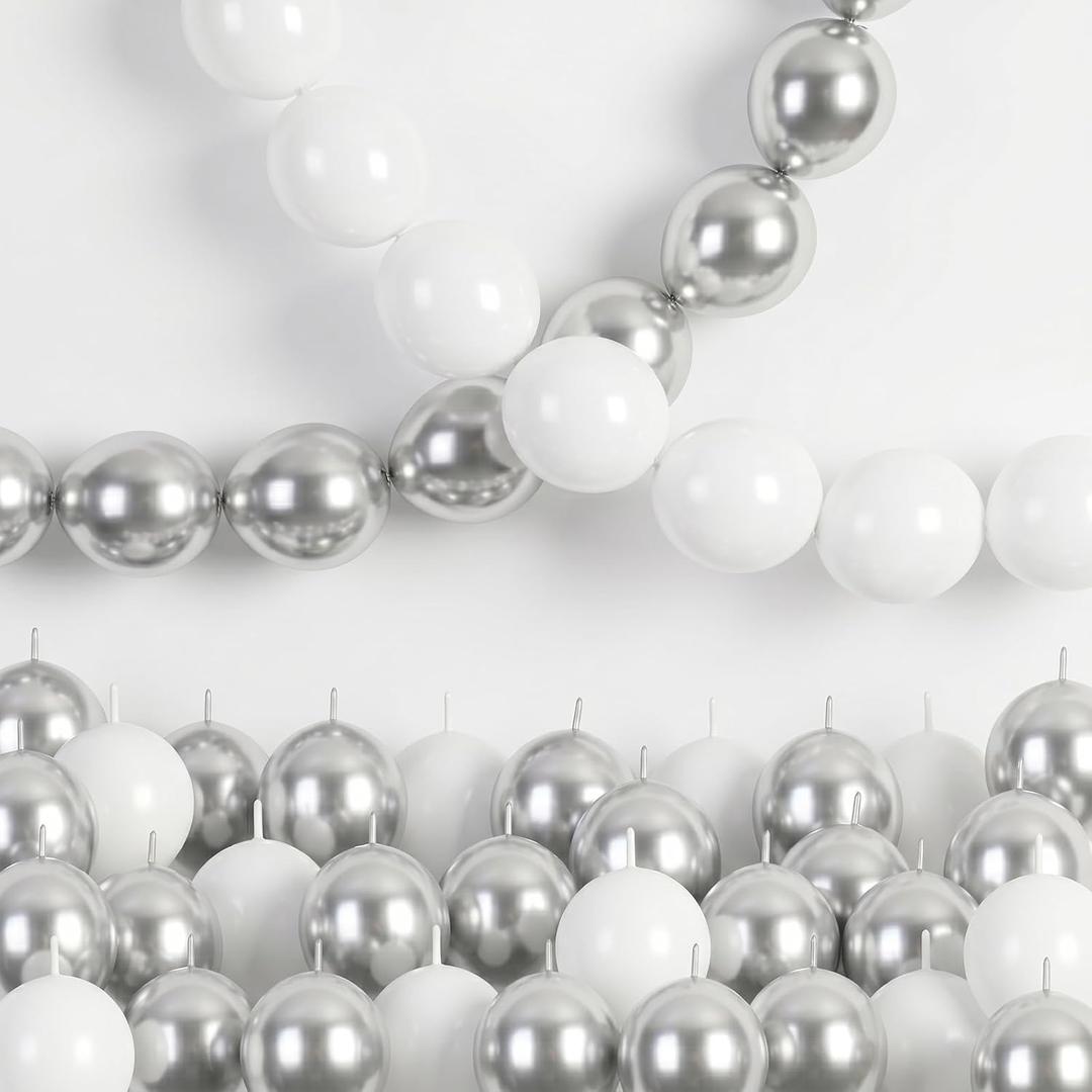 White and Silver Linking Balloons, 100PCS 6 Inch Small Metal Silver Quick Link Balloons for Making Balloon Wall Heart Arch Tails Balloon for Wedding Birthday Baby Shower Graduation Party Decorations