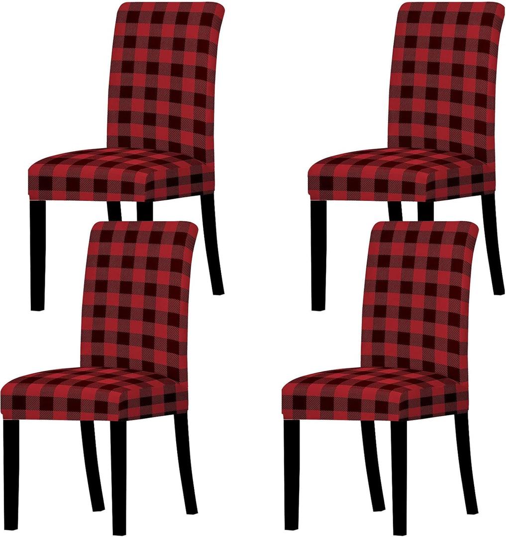 Whaline Buffalo Check Chair Covers Red Black Plaid Dining Chair Slipcovers Protector Removable Stretch Elastic Seat Covers for Party Kitchen Home Hotel Office Restaurant Decoration, 4Pcs