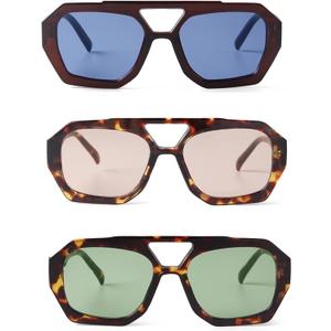 Trendy Hexagonal Aviator Sunglasses Women Men Hexagon Square Plastic Thick Frame Double Bridge Designer Sun Glasses (Burgundy Blue/Tortoise Orange/Tortoise Shell Green)