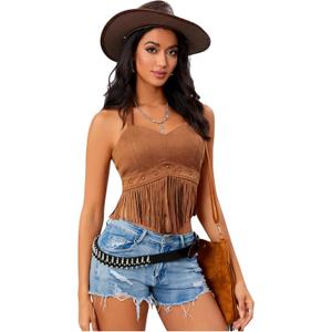 Women's Y2K Fringe Halter Western Cowgirl Tie Tank Top Tassel Rivet Faux Suede Hippie Crop Top 70s 60s Vintage
